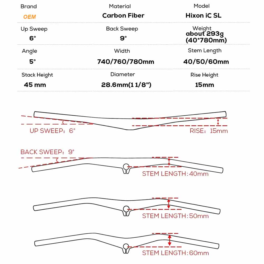 28.6mm 5° Carbon MTB 15mm Riser Handlebars 780mm- Hixon IC 5