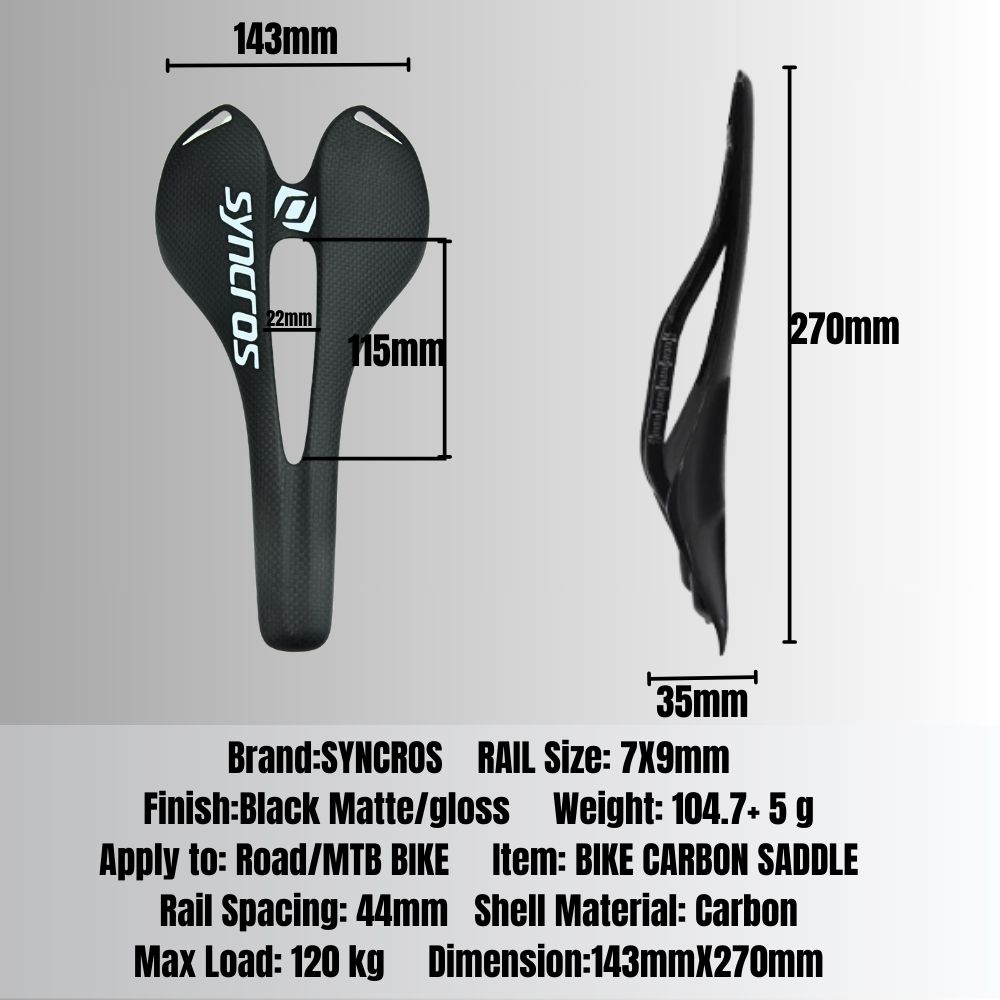 Pro Carbon Bike Saddle: 143x270mm, 120kg Load, Matte/Gloss Black 4