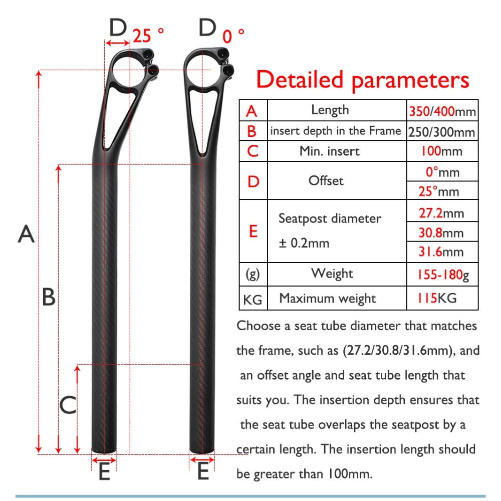 Ultralight Carbon SeatPost: 0/25mm Offset, 180-230g, 115kg Max Load - Fit 7x9 & 7x7 Rails 3