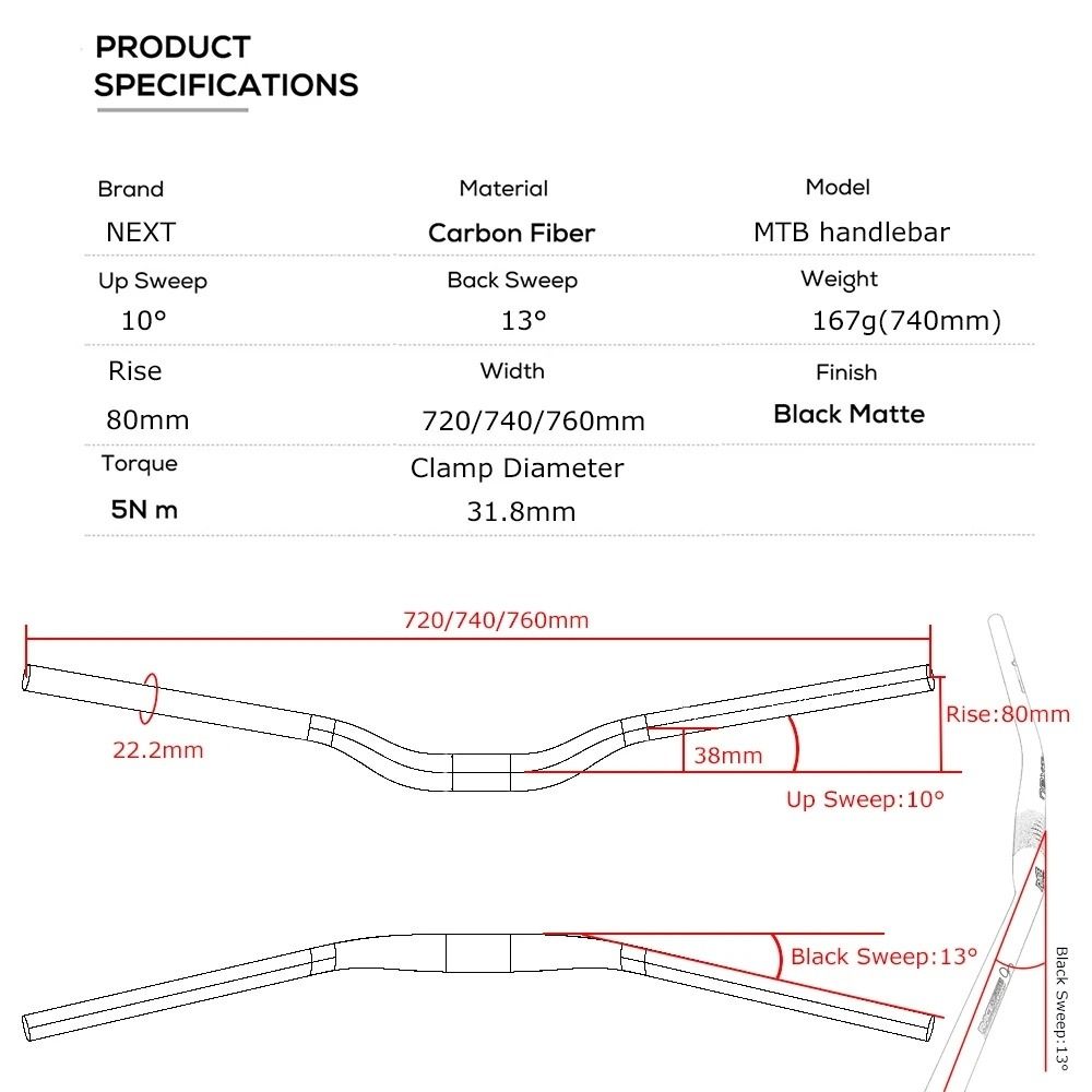 NEXT 3K 80mm Riser MTB Handlebar, 31.8mm,720-760mm,80mm Riser, XC Handlebar 6