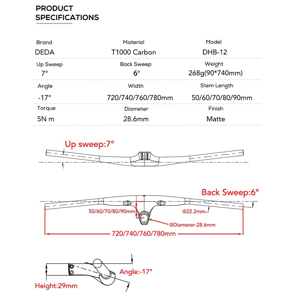 28.6mm,-17°Stem Angle ,50mm-90mm Stem Length XC /Cross Handlebar 7